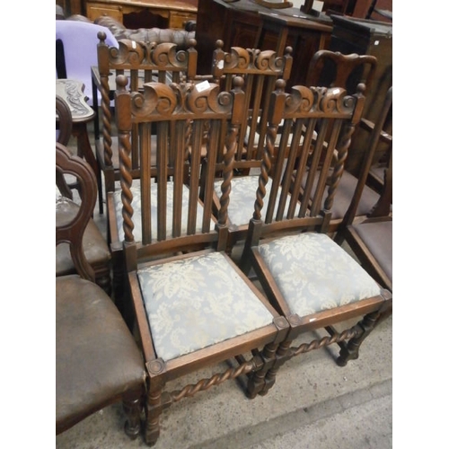 665 - A set of 4 x vintage oak dining chairs with Barley Twist and turned frames - some worm damage