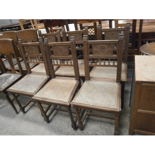 674 - A set of 6 x vintage dining chairs with ornately carved oak frames and Bergere seats