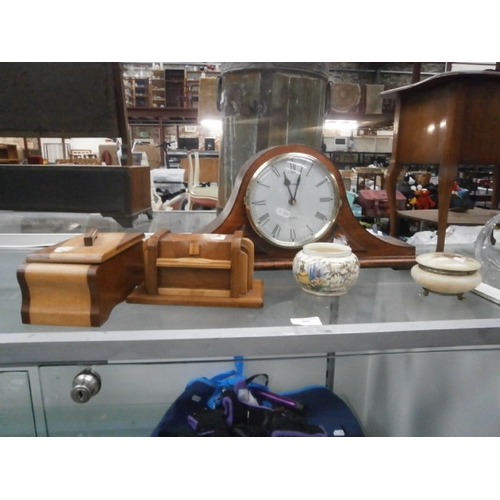 308 - Lot inc mantle clock, wooden boxes, etc