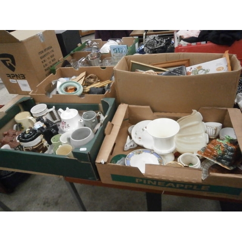 141 - Five boxes inc teapots, picture frames, pottery, etc