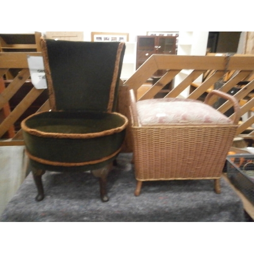 602 - A vintage bedroom chair and a bathroom basket stool