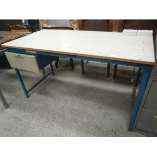 677 - A large industrial style work table desk with drawer