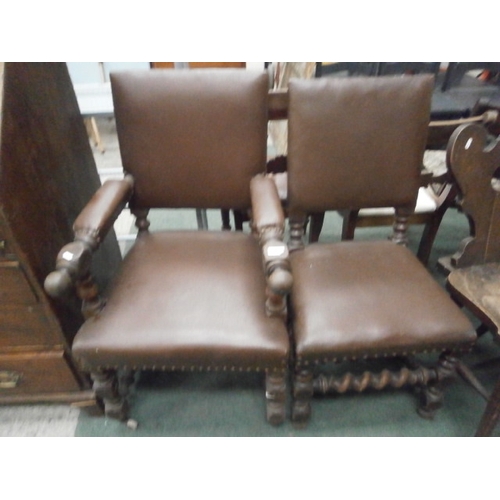 697 - 2 x antique oak Barley Twist framed chairs with padded faux leather covers