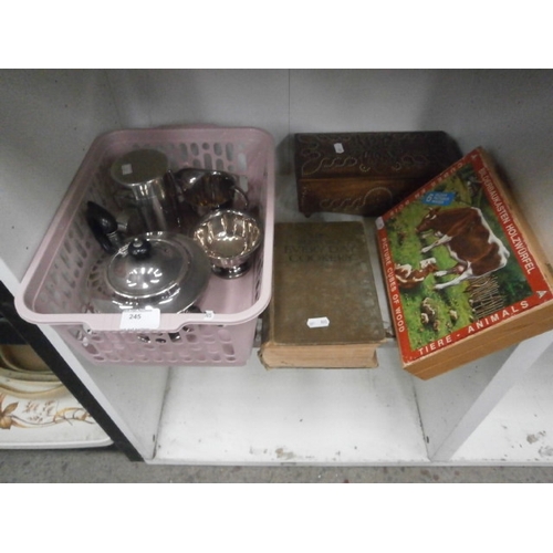 245 - Lot inc tea service, old cookery book, wooden puzzle, keepsake box