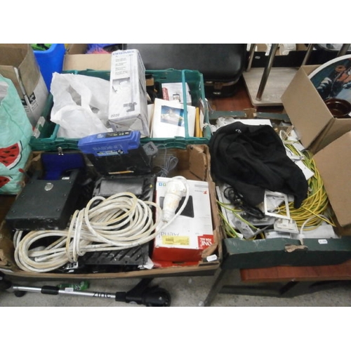 128 - Three boxes inc volt meter, aerial, tool holder, cables, sockets, etc