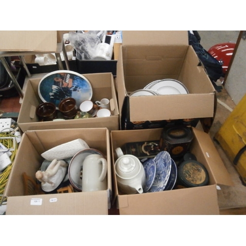 129 - Four boxes inc ornaments, pottery, crockery, old tins
