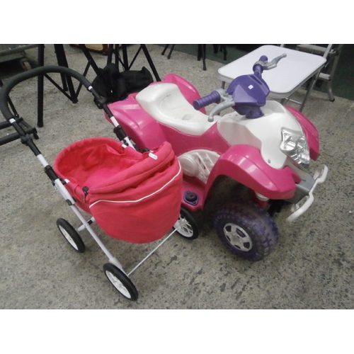 622 - A child's plastic quad bike and 2 x dolls in a Silver Cross pushchair