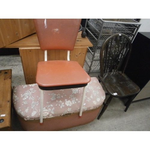 633 - A vintage wheelback chair, a kitchen chair and a vintage linen box