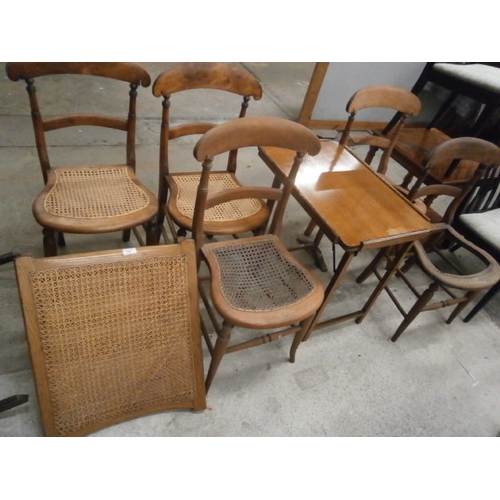 704 - 5 x vintage chairs with and without rattan seat panels, a vintage folding table and a vintage foldin... 