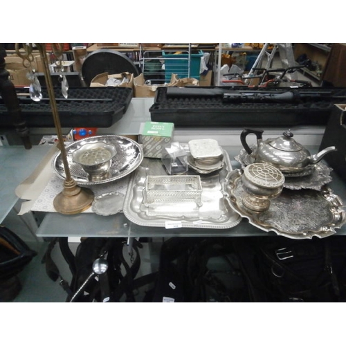 326 - Lot inc white metal serving trays, coasters, teapot, etc