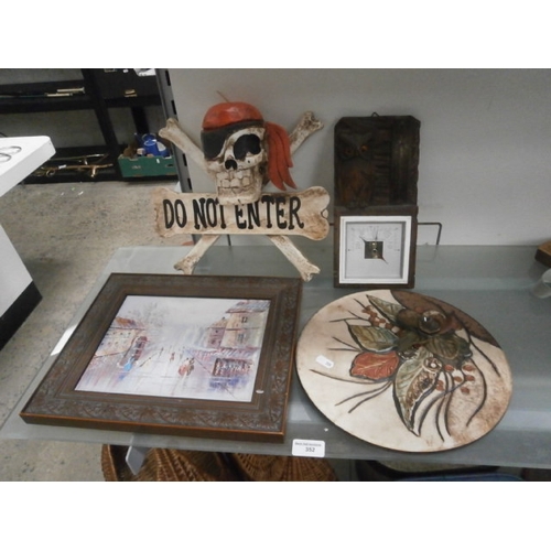 352 - Lot inc oil painting, skull and cross bones do not enter sign, barometer and floral plaque