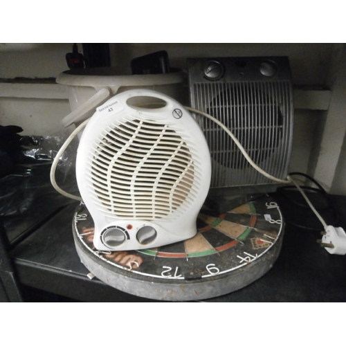 43 - Lot inc Dartboard, fan heaters, bucket, etc