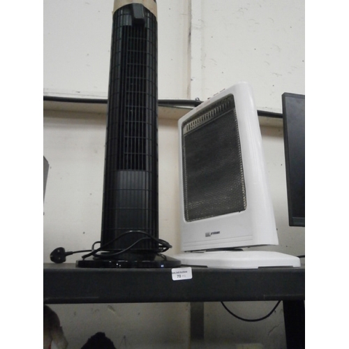 70 - Lot inc remote controlled tower fan and halogen heater, both working