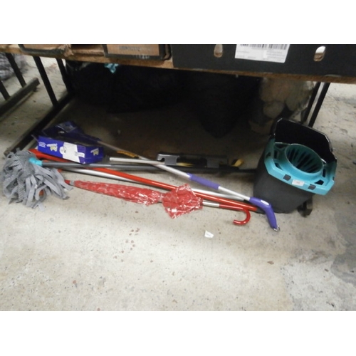 108 - Lot inc mops, mop bucket, litter picker, umbrella