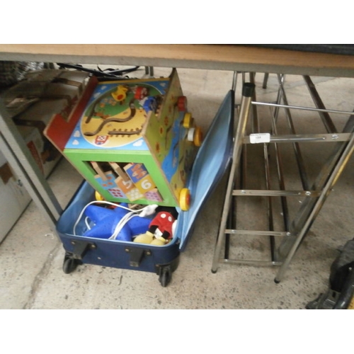 184 - Lot inc suitcase, toys, shoe rack