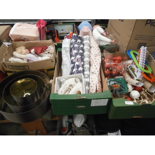 125 - Lot inc Christmas decorations, boots, lampshade, porcelain dolls, etc