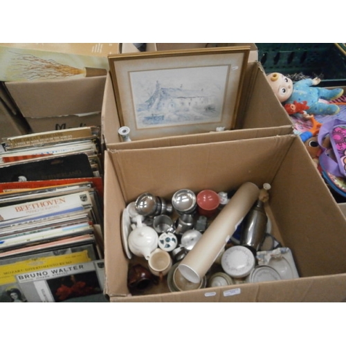 171 - Two boxes inc assorted pottery, cocktail shaker, picture frames, etc