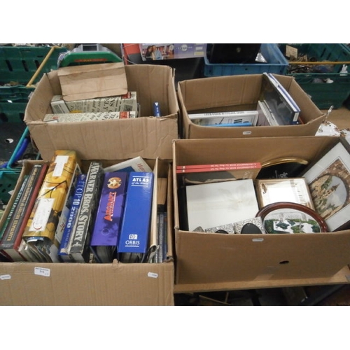 213 - Four boxes inc books, picture frames, magazines, DVDs, etc