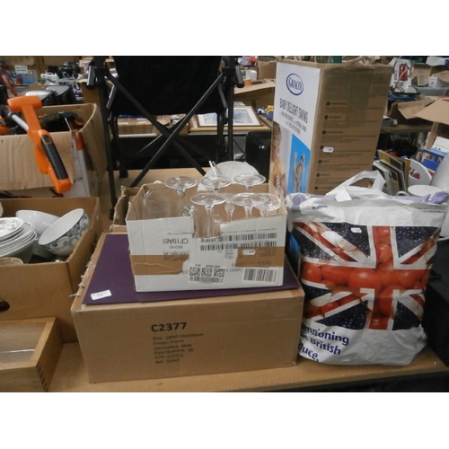 239 - Lot inc flat pack boxes, artificial flowers, cushion, shoes, etc