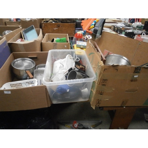 122 - Three boxes inc cutlery, pan, coffee machine, camping tins, hand mixer, etc