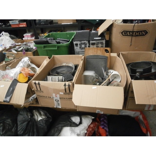 132 - Four boxes inc cutlery, baking trays, frying pans, food stuff, etc