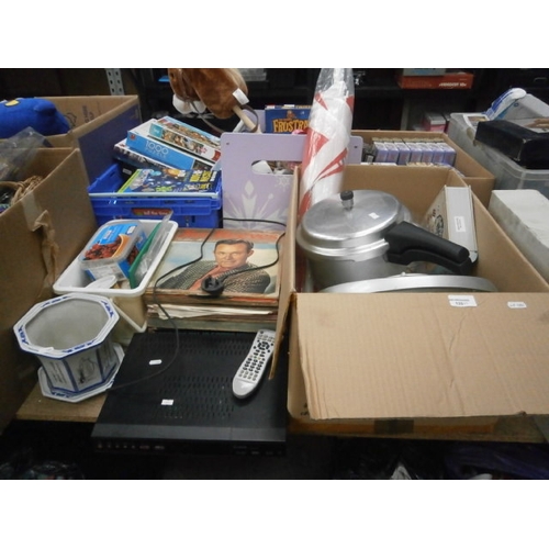 135 - Lot inc plant pot, Luxor digital box, vinyl records, George Foreman grill, steam pan, flag, etc