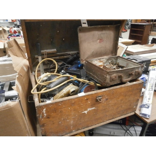 149 - Old wooden tool box containing assorted power tools