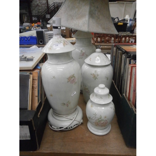 115 - Matching pattern lamps and vases, as found lamps