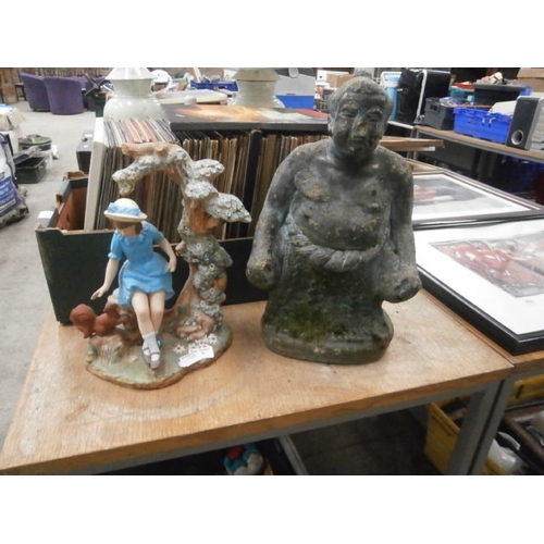 117 - Lot inc cast concrete Sumo figure and girl figurine