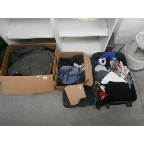 154 - Two boxes and suitcase of assorted clothing