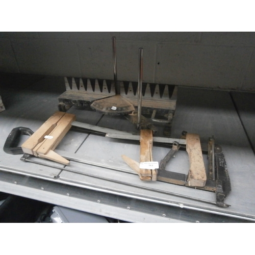 163 - Lot inc wood and metal clamps with mitre saw