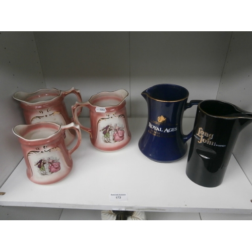 173 - Set of three ascending jugs and two alcohol advertisement jugs