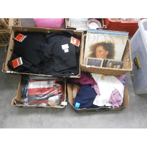 609 - 4 x boxes including vinyl records, new scarves etc.