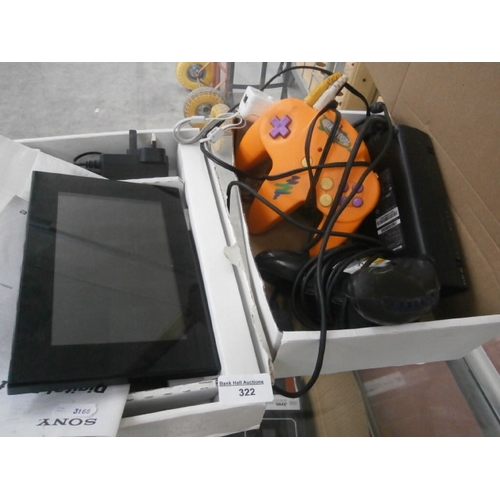 322 - Lot including mega joy game pad, Sony digital photo frame, wii controller etc