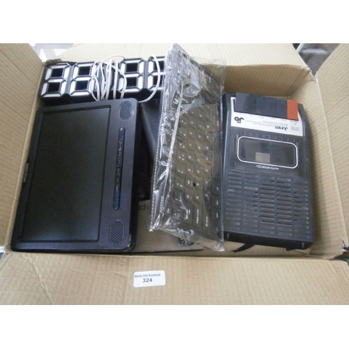 324 - Lot including next base in car DVD players, Jones audio recorder, wireless keyboard etc