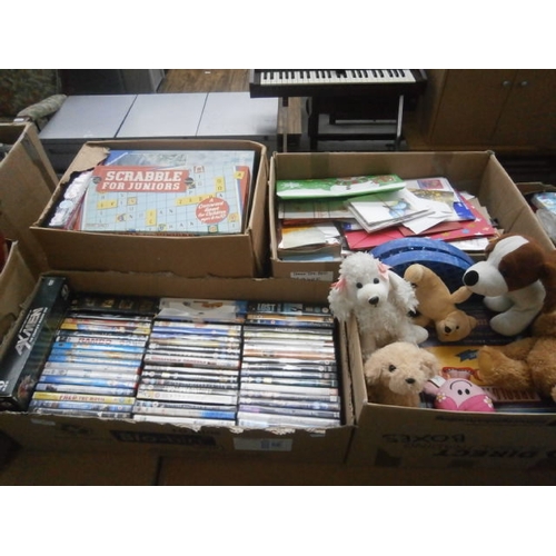 67 - Four boxes inc DVDs, board games, greetings cards, gift bags, soft toys, etc