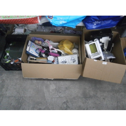 85 - Three boxes inc crockery, picture frames, cooking tongs, iron, ink cartridges, etc