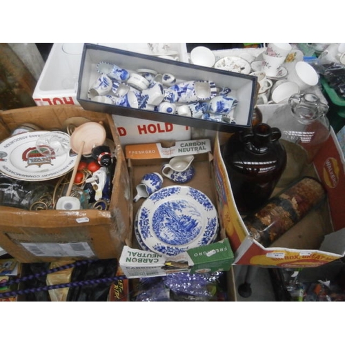 86 - Four boxes inc Demi Johns, Blue & White crockery and clog ornaments, glassware, etc