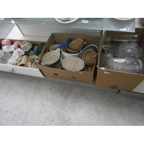 237 - Three boxes inc glassware, stoneware pottery, vases, etc