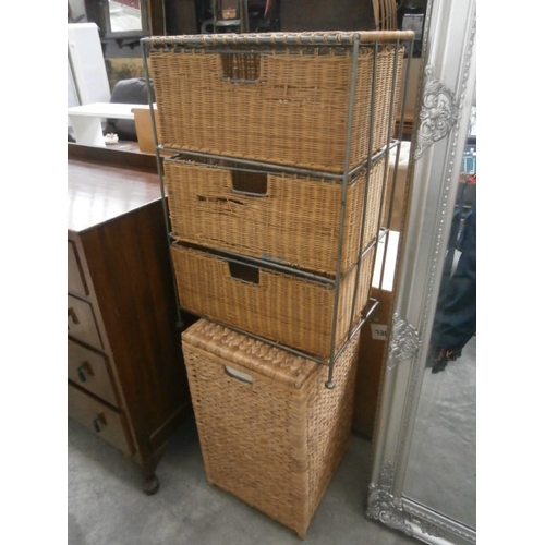 604 - A 3 drawer wicker basket storage stand and a linen basket