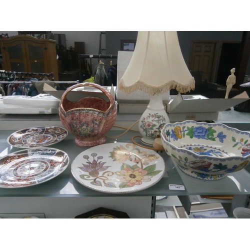 192 - Lot inc Royal Bradwell basket, Mason's dish, Royal Doulton floral plate, Imari plates and Aynsley la... 