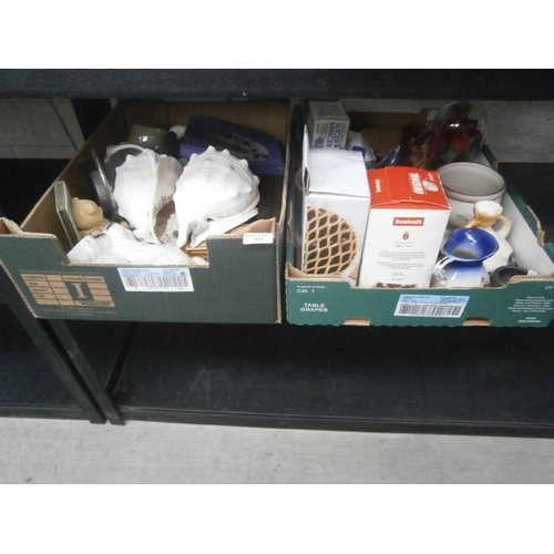 337 - Two boxes inc Staffordshire type dog, ornamental shells, keepsake boxes, egg crock, vases, etc