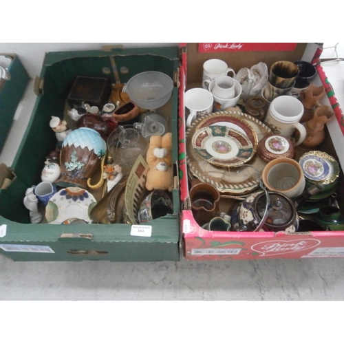 343 - Two boxes inc copper and brass brushes, china plates, glassware, etc