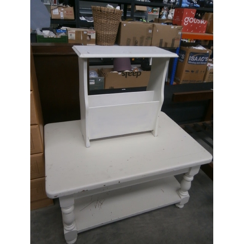 623 - A vintage painted wooden coffee table and a small magazine rack