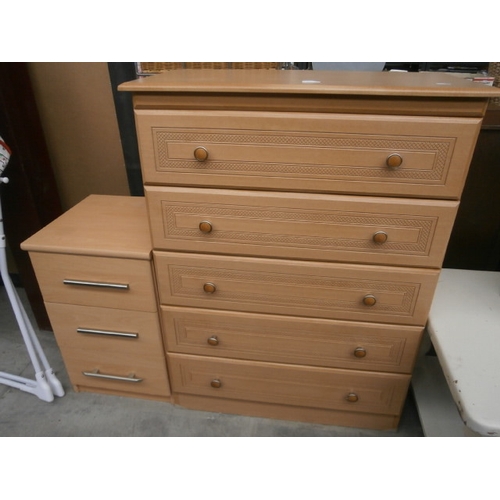 624 - A modern 5 drawer bedroom chest and a 3 drawer bedside