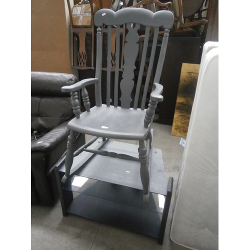 632 - A large painted vintage wooden rocking chair and a TV stand