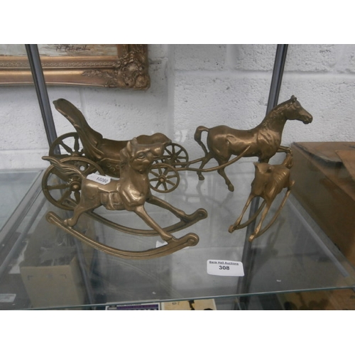 308 - Lot incx brass horse drawn cart with two brass rocking horses