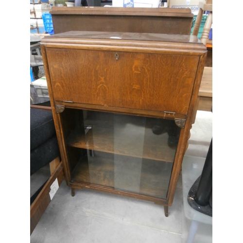 623 - A small vintage fall front bureau bookcase with sliding glass doors