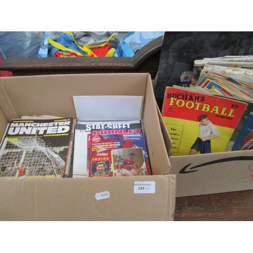 345 - Two boxes inc old football programmes, old newspapers, football magazines and calendars