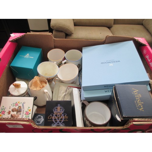 363 - Box inc commemorative cups, Wedgwood plates, Royal crown Derby pieces, etc